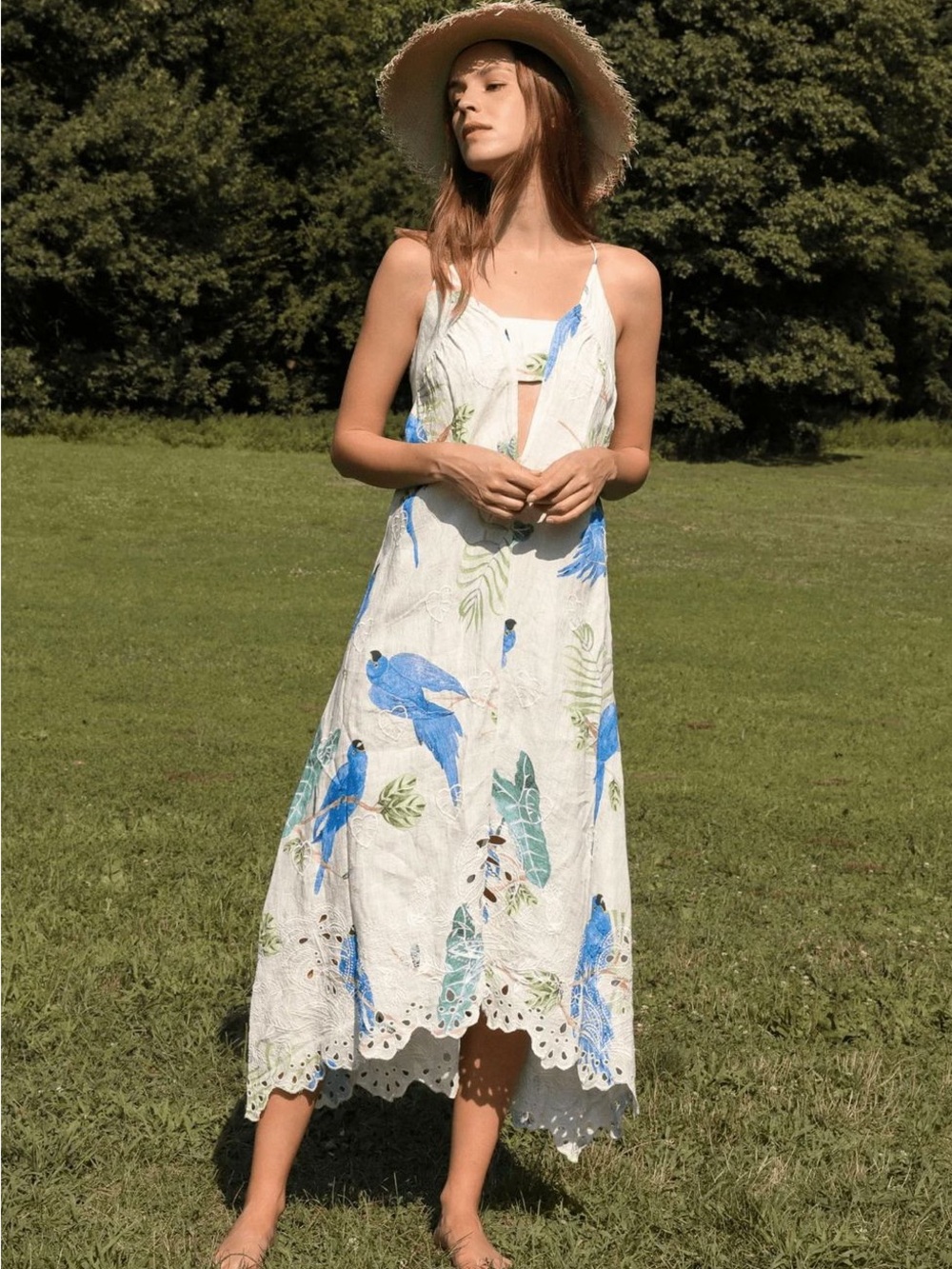 Rare Farm Rio linen tropical parrot dress